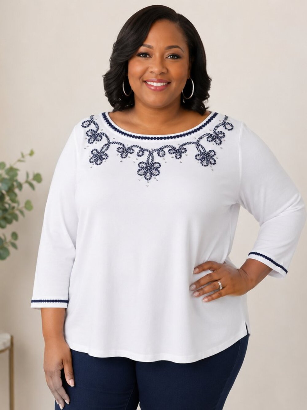 Alfred Dunner 3X White Embroidered Floral Blouse Navy Trim Plus Size